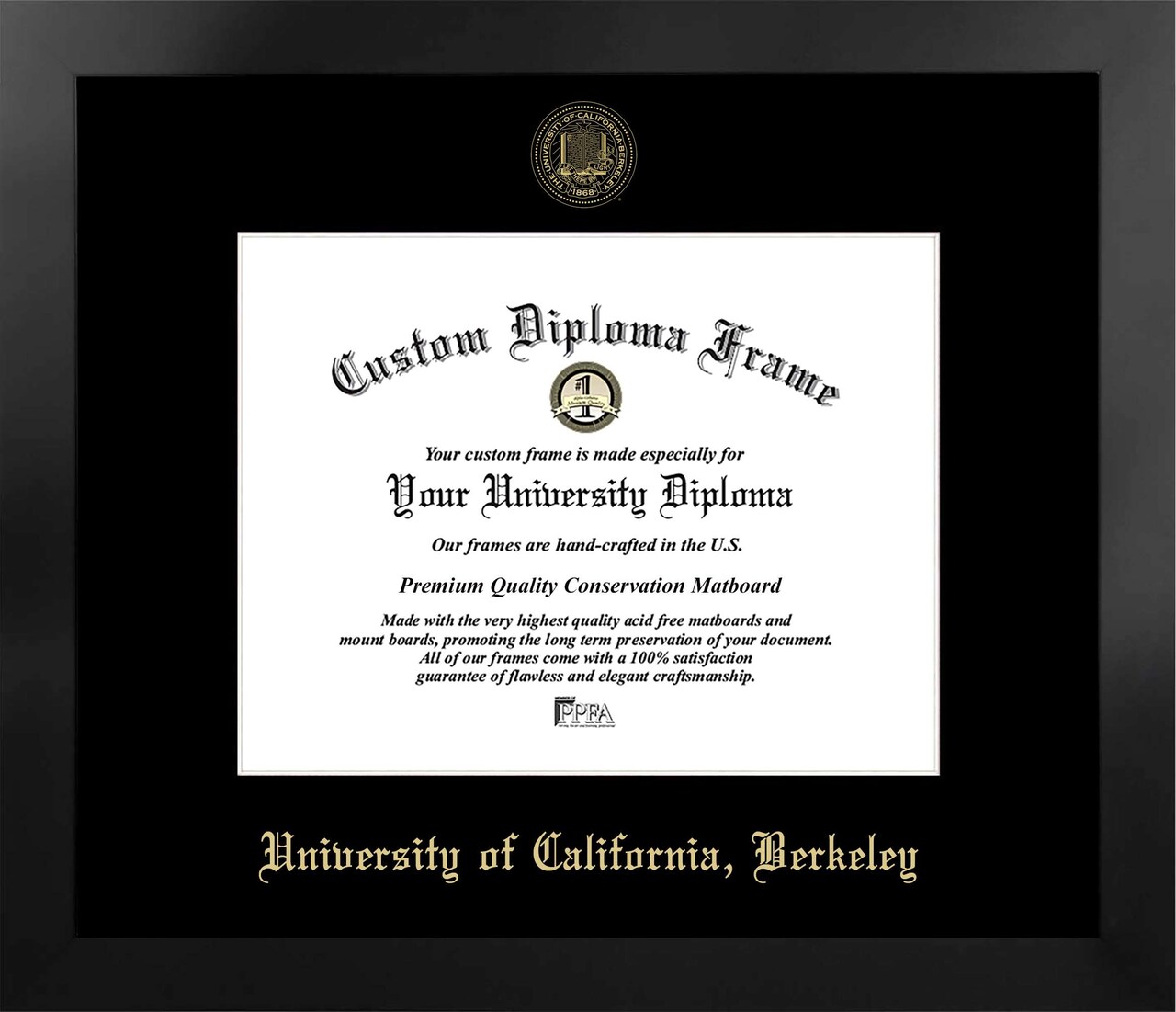 University of California, Berkeley 11w x 8.5h Manhattan Black Single Mat Gold Embossed Diploma Frame with Bonus Campus Images Lithograph (value savings at $59)